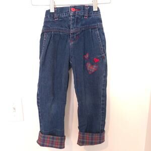 Vintage Toddler Girls Jeans Size 3T Embroidered Hearts Plaid Cuff Red Button